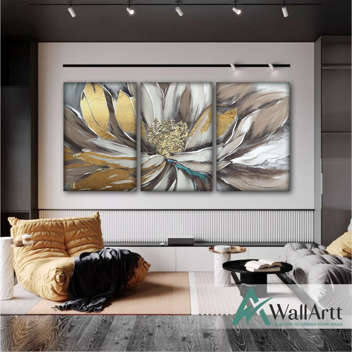 Flower with Gold Foil 3 Piece 3d Heavy Textured Partial Oil Painting